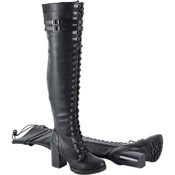 Women's Black Over The Knee Zip Buckle Soft Thigh High Lace Up Tall Boots - Picture 3 of 8